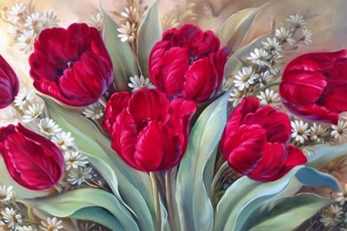 Gyémántszemes kirakó Vörös tulipánok 45x65 cm