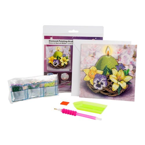 Gyémántszemes kirakó részleges képeslap, borítéákkal - Húsvéti gyertya virágokkal 16x16 cm