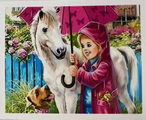 Festés számok után - Esernyős kislány, ló és kutyus 20x30 cm